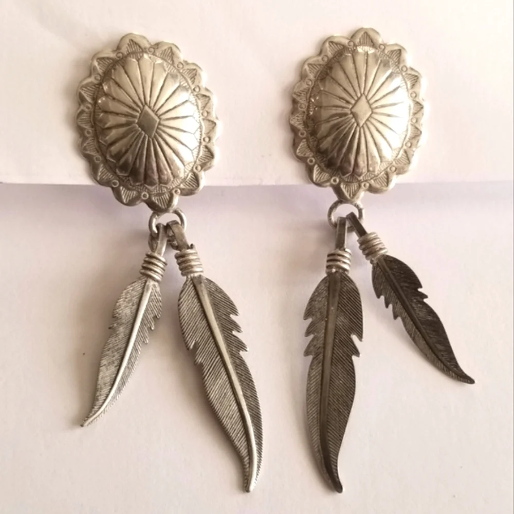 Vintage earrings Sterling Silver shield post Feather dangles 925 old pawn